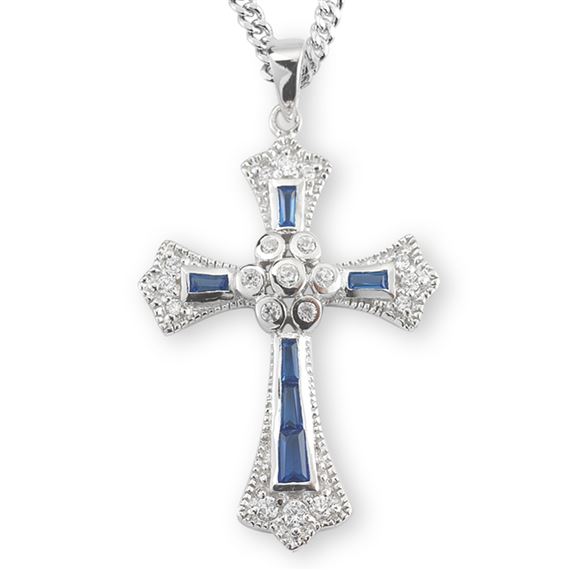 Sterling Cross with Sapphire and Crystal Zirconia CZ's on