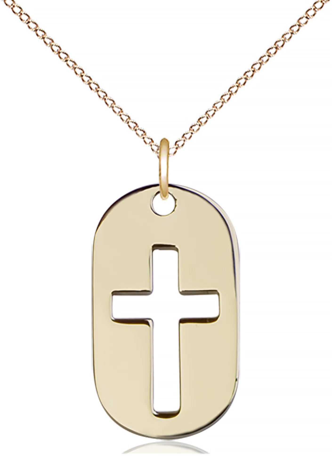 14KT GOLD FILLED CROSS DOG TAG PENDANT WITH CHAIN 7/8" x 1/2" EWTN