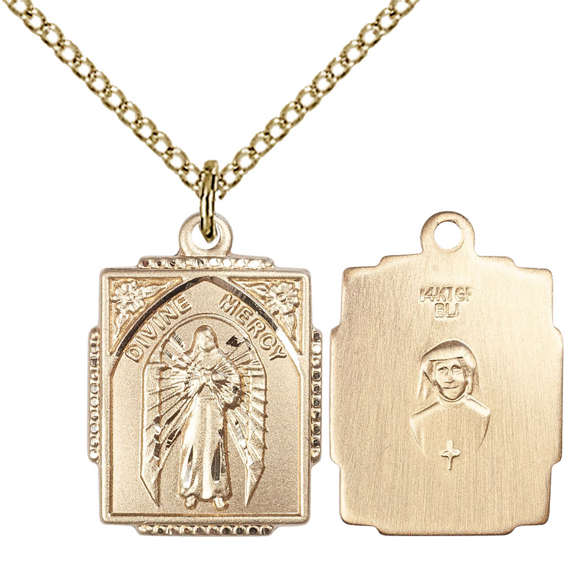 14KT GOLD FILLED DIVINE MERCY PENDANT WITH CHAIN 5/8" x 1/2" EWTN