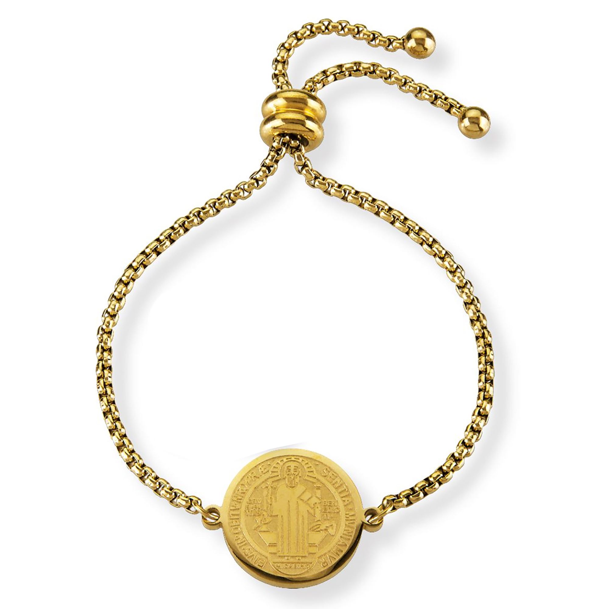 ST. BENEDICT ADJUSTABLE GOLD ANODIZED STAINLESS STEEL BOLO BRACELET