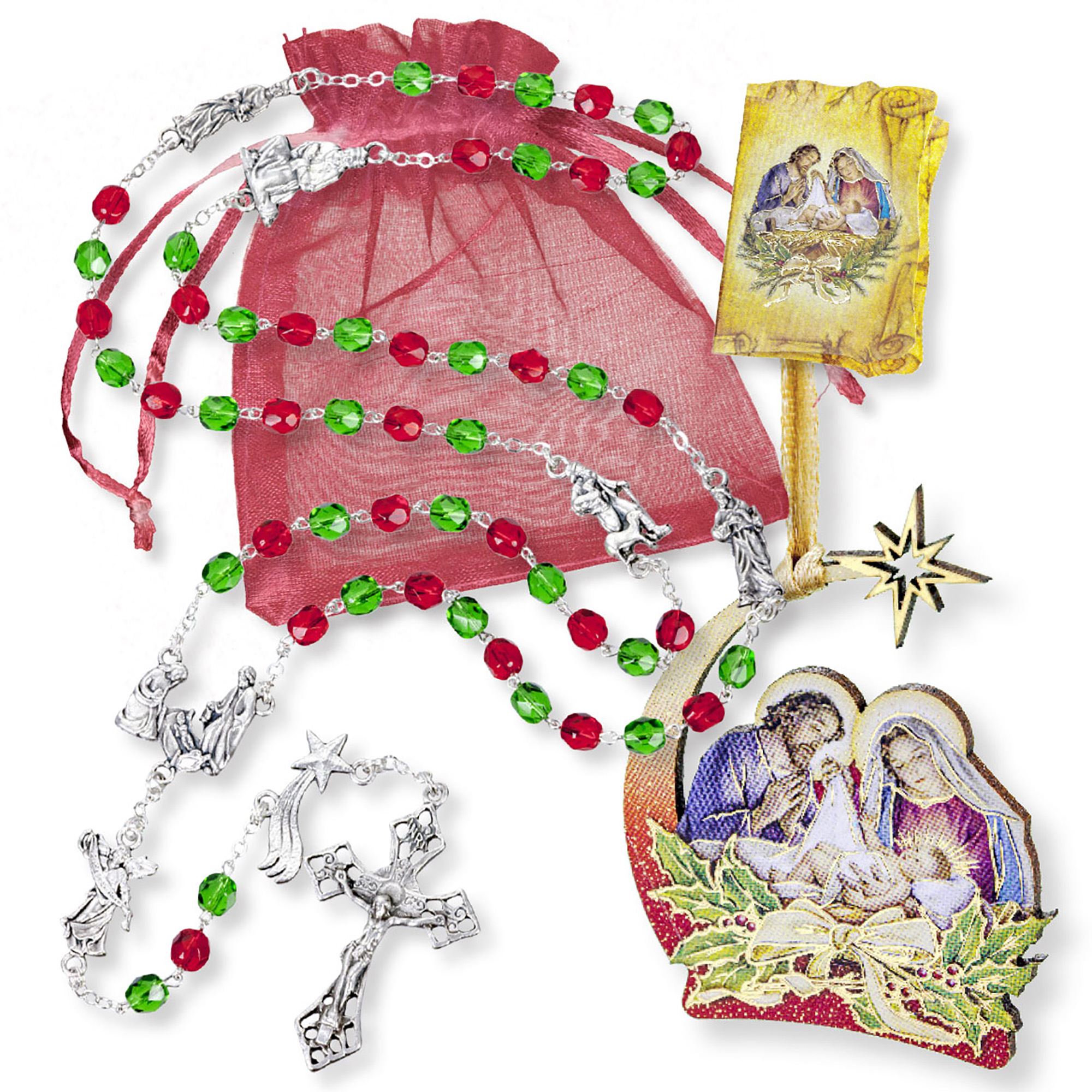 CHRISTMAS ROSARY GIFT SET GREEN AND RED BEADS EWTN Religious Catalogue