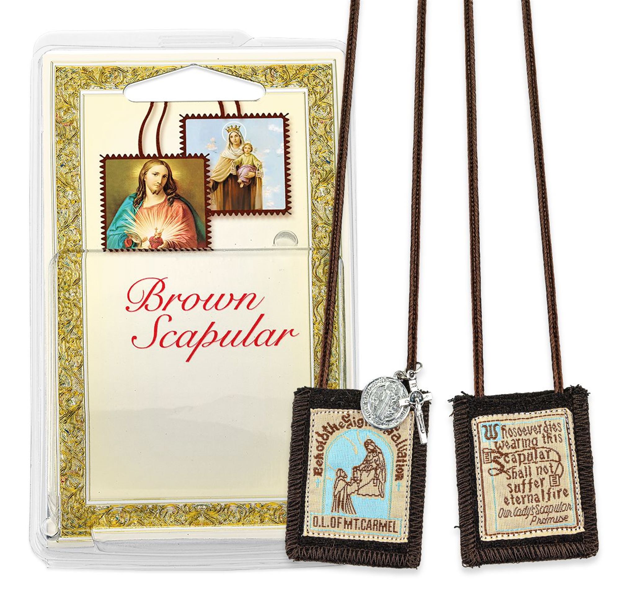 OUR LADY OF MT. CARMEL BROWN WOOL SCAPULAR WITH ST. BENEDICT MEDAL AND