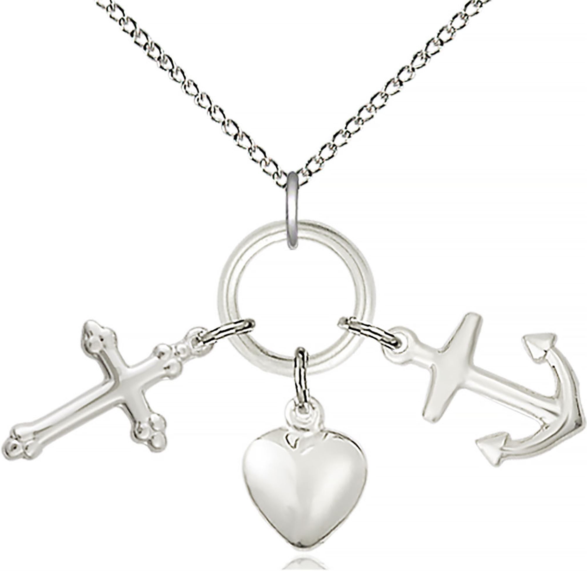 STERLING SILVER FAITH, HOPE & CHARITY PENDANT WITH CHAIN 1 3/8" x 1 5