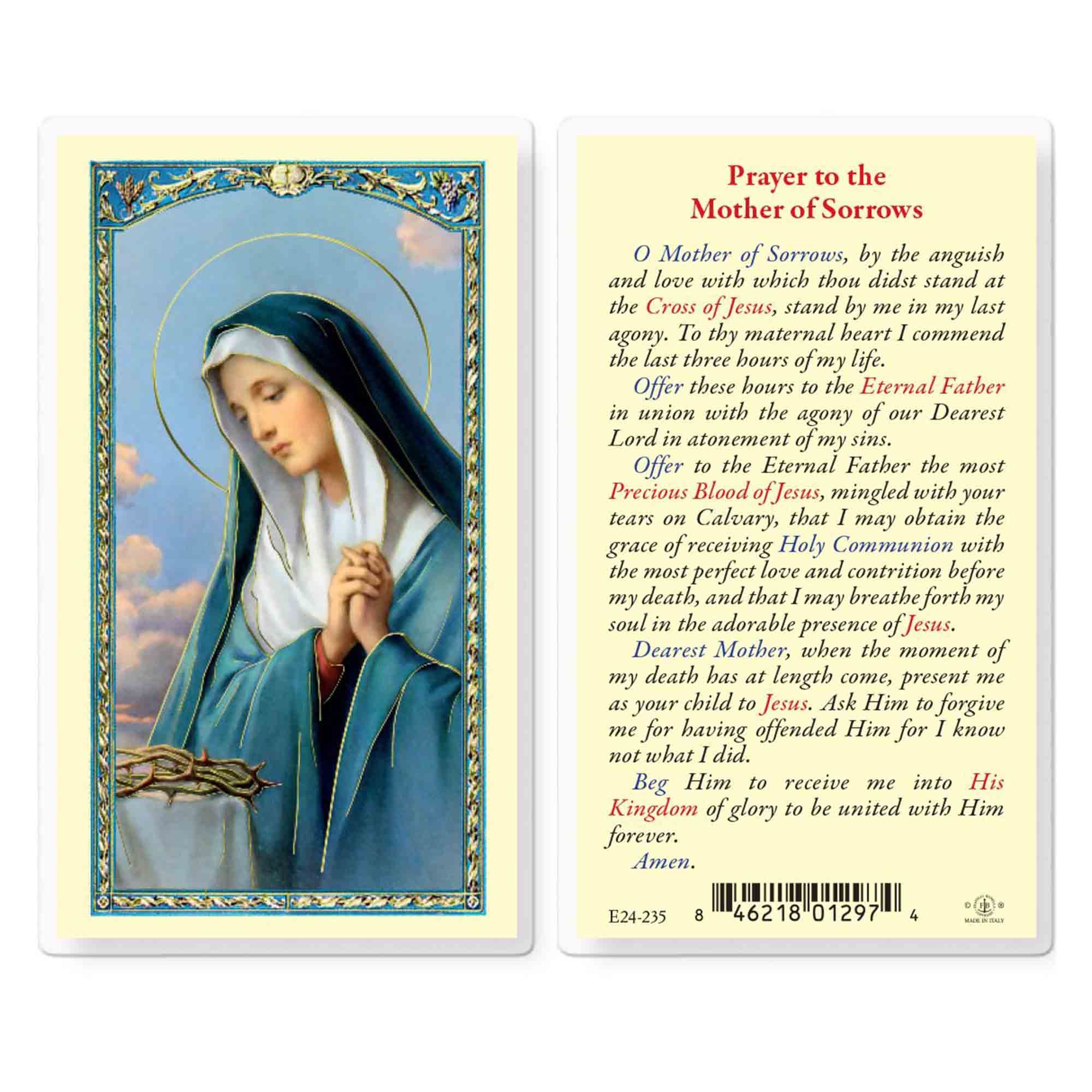 LAMINATED HOLY CARD MOTHER OF SORROWS EWTN Religious Catalogue