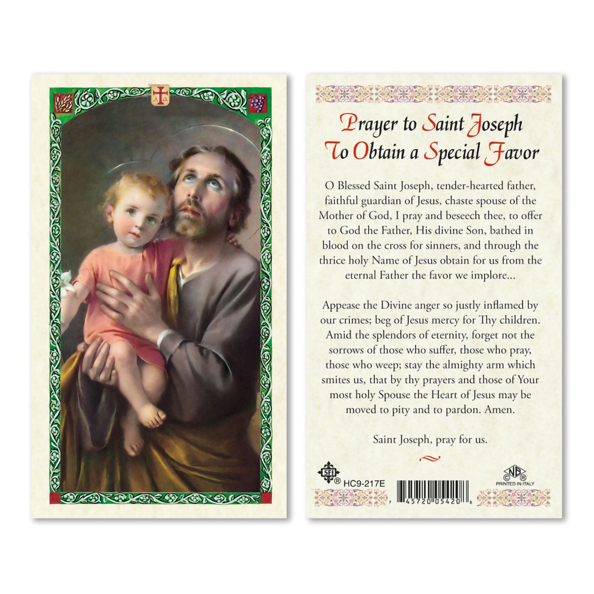 LAMINATED HOLY CARD ST. JOSEPH FOR SPECIAL FAVOR EWTN Religious