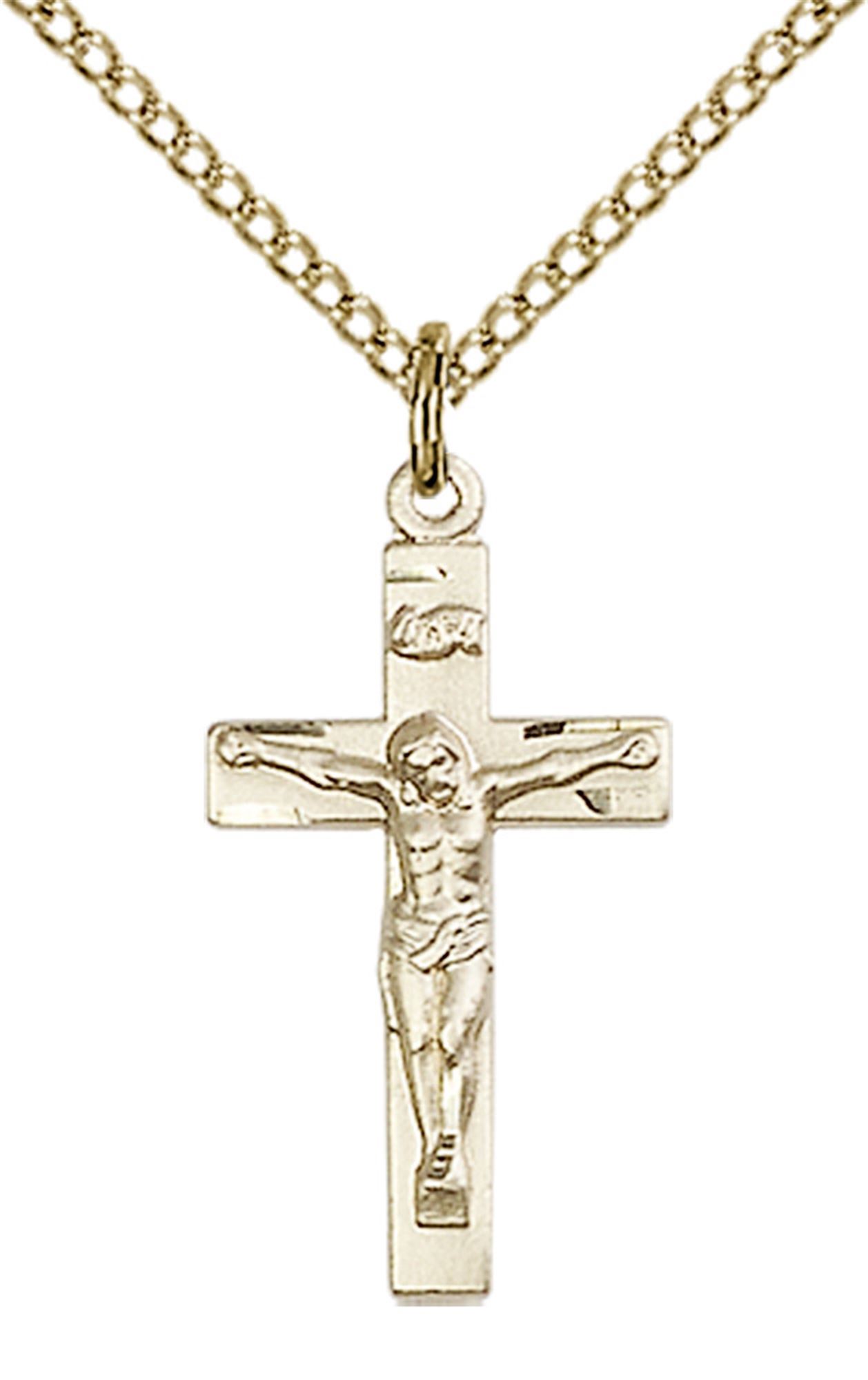 14KT GOLD FILLED CRUCIFIX PENDANT WITH CHAIN 7/8" x 3/8" EWTN
