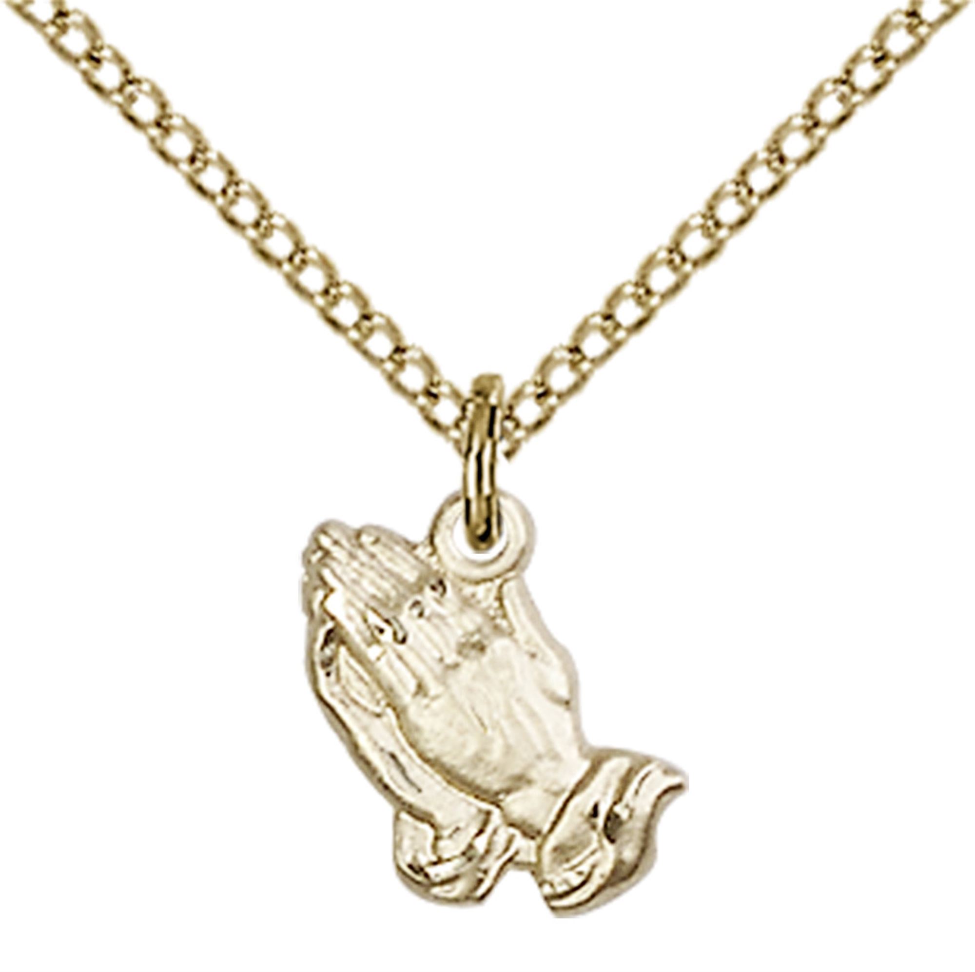 14KT GOLD FILLED PRAYING HANDS PENDANT WITH CHAIN 3/8" x 3/8" EWTN