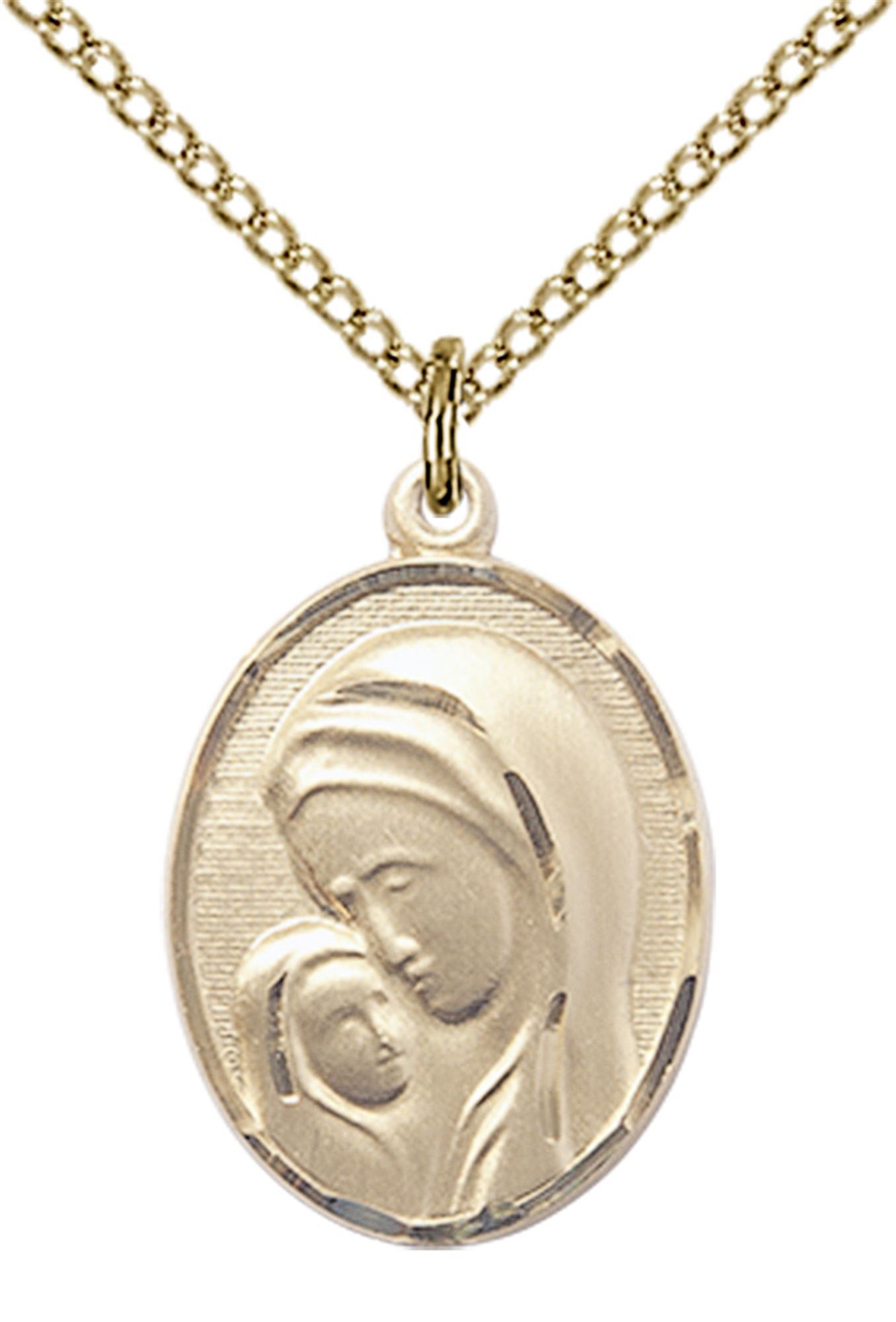 14KT GOLD FILLED MADONNA & CHILD PENDANT WITH CHAIN 3/4" x 1/2