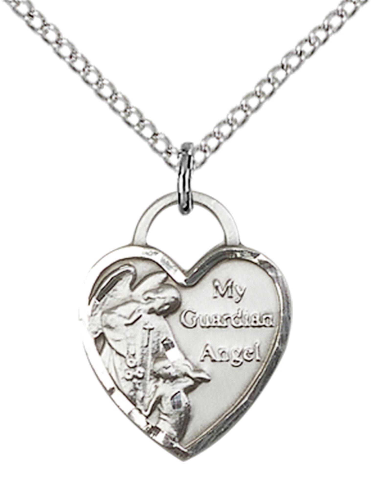STERLING SILVER GUARDIAN ANGEL HEART PENDANT WITH CHAIN 5/8" x 1/2