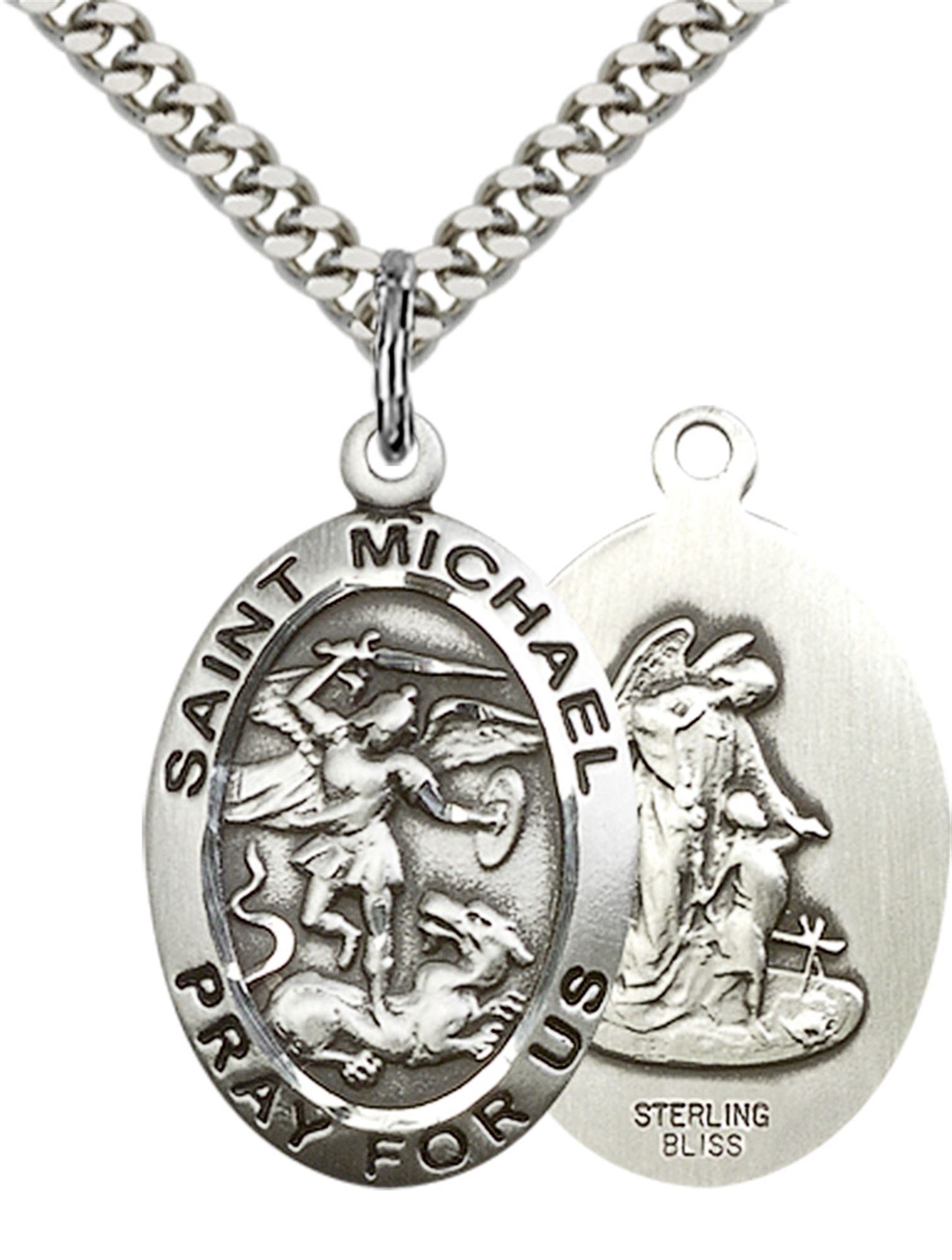 STERLING SILVER ST MICHAEL THE ARCHANGEL PENDANT WITH CHAIN 1" x 5/8