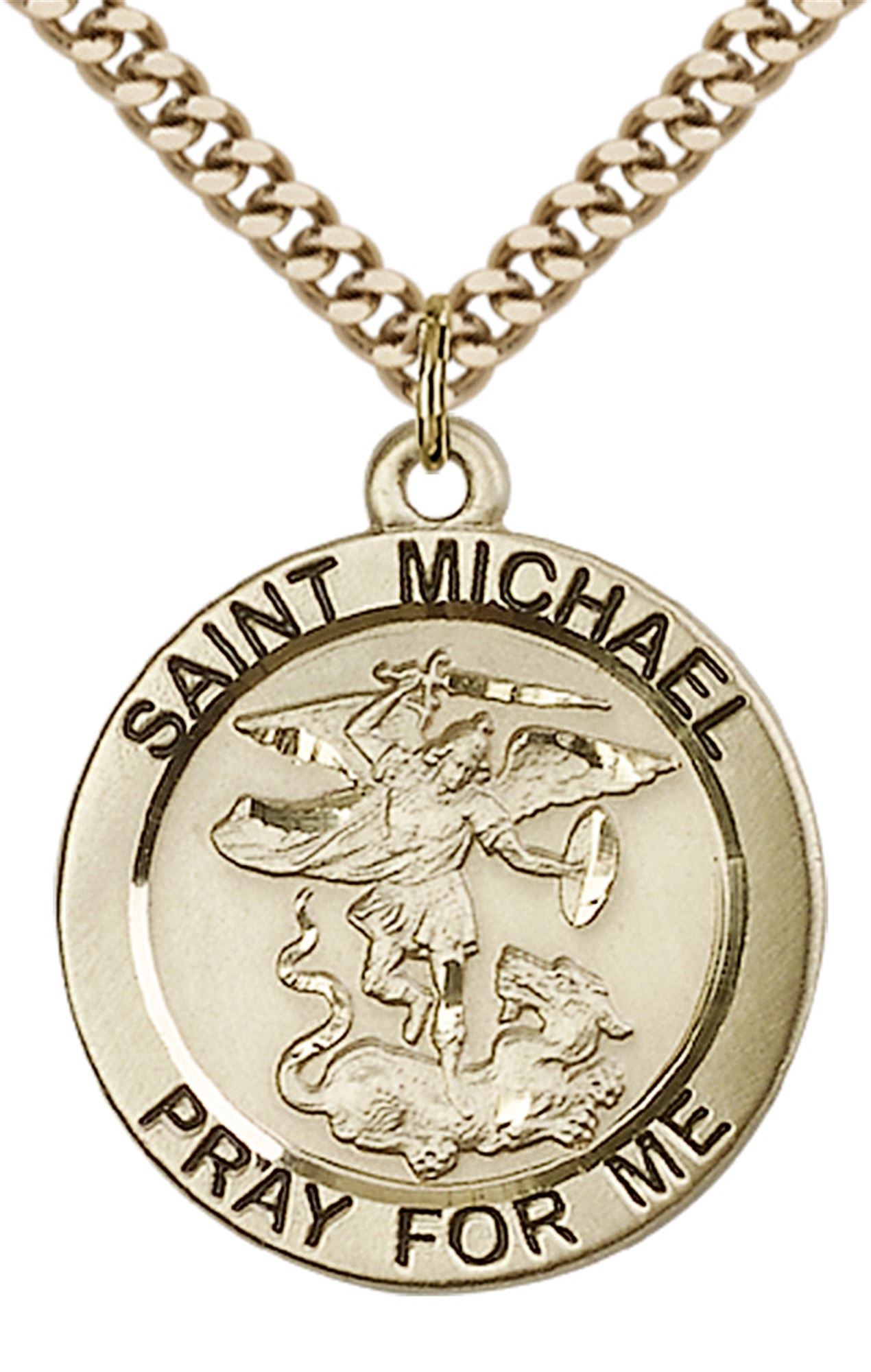 14KT GOLD FILLED ST MICHAEL THE ARCHANGEL PENDANT WITH CHAIN 1" x 7/8