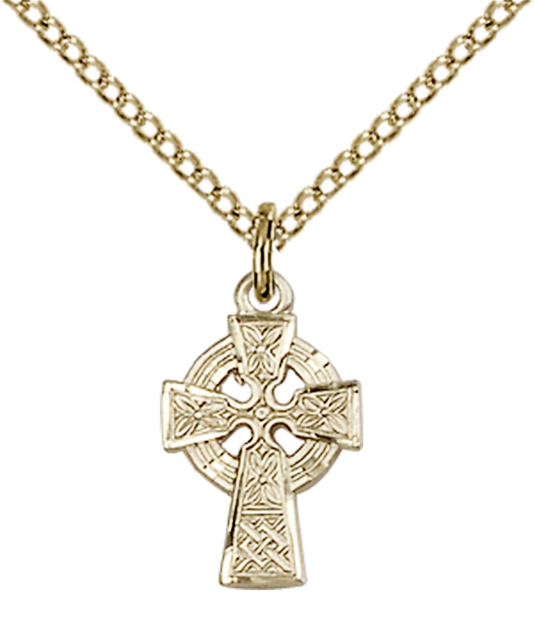 14KT GOLD FILLED CELTIC CROSS PENDANT WITH CHAIN 1/2" x 3/8" EWTN