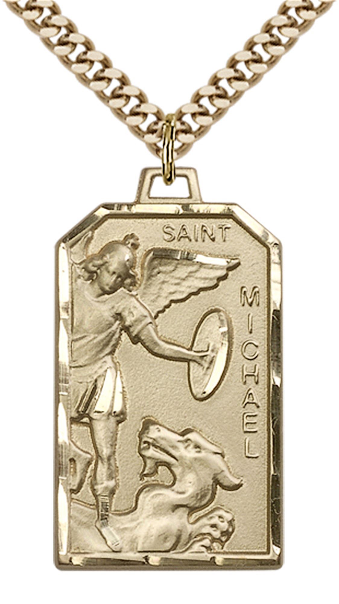 14KT GOLD FILLED ST MICHAEL THE ARCHANGEL PENDANT WITH CHAIN 1 1/8" x