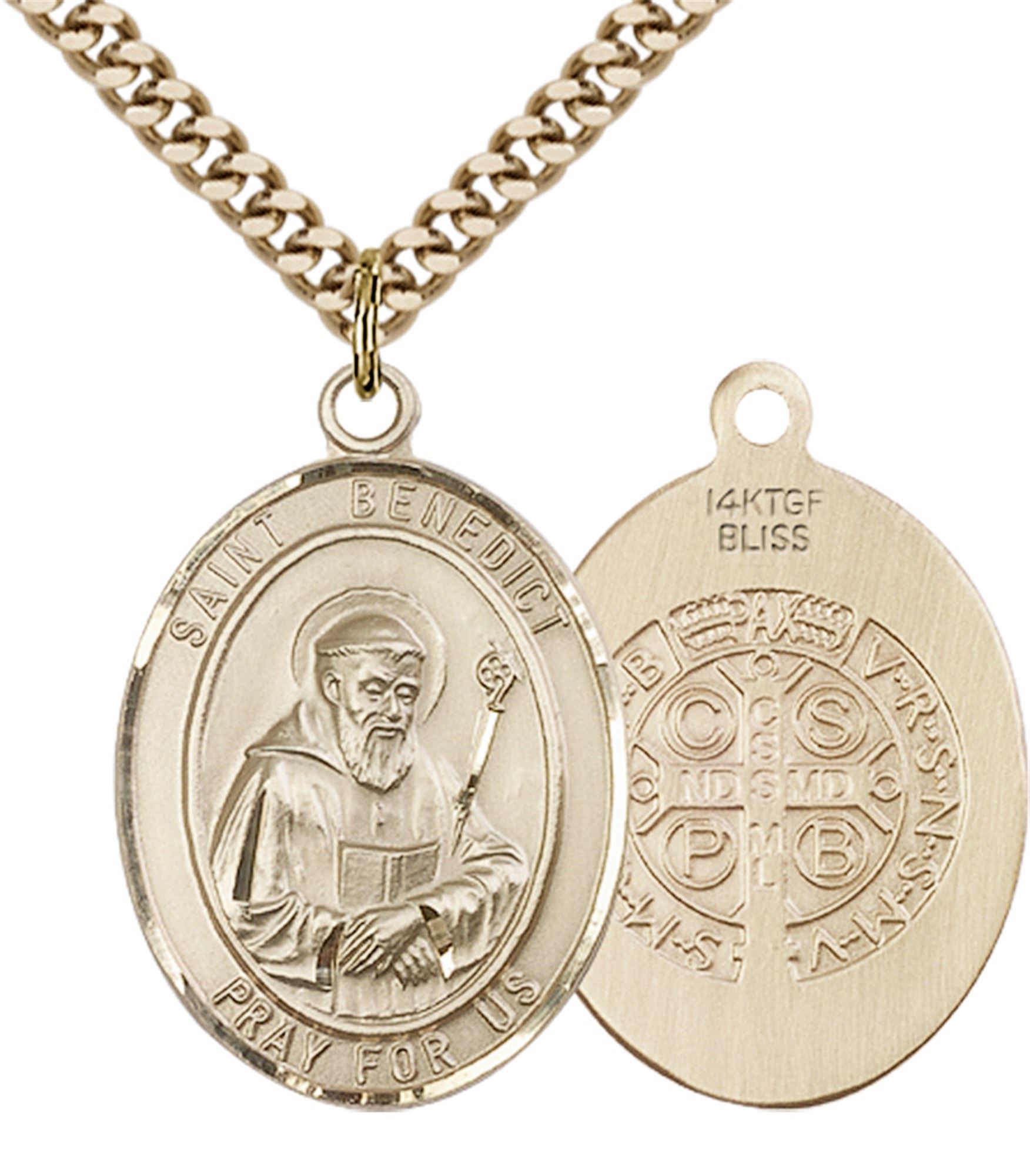14KT GOLD FILLED ST BENEDICT PENDANT WITH CHAIN 1" x 3/4" EWTN