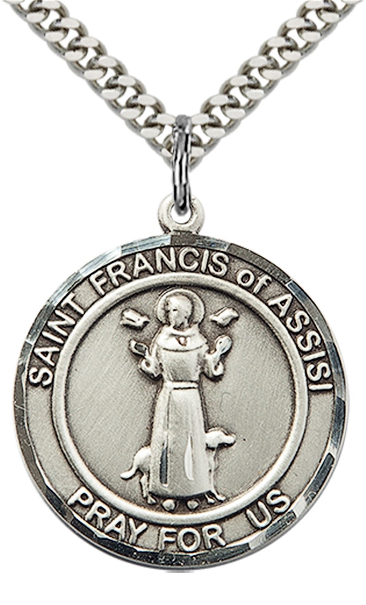 STERLING SILVER ST FRANCIS OF ASSISI PENDANT WITH CHAIN 1" x 7/8