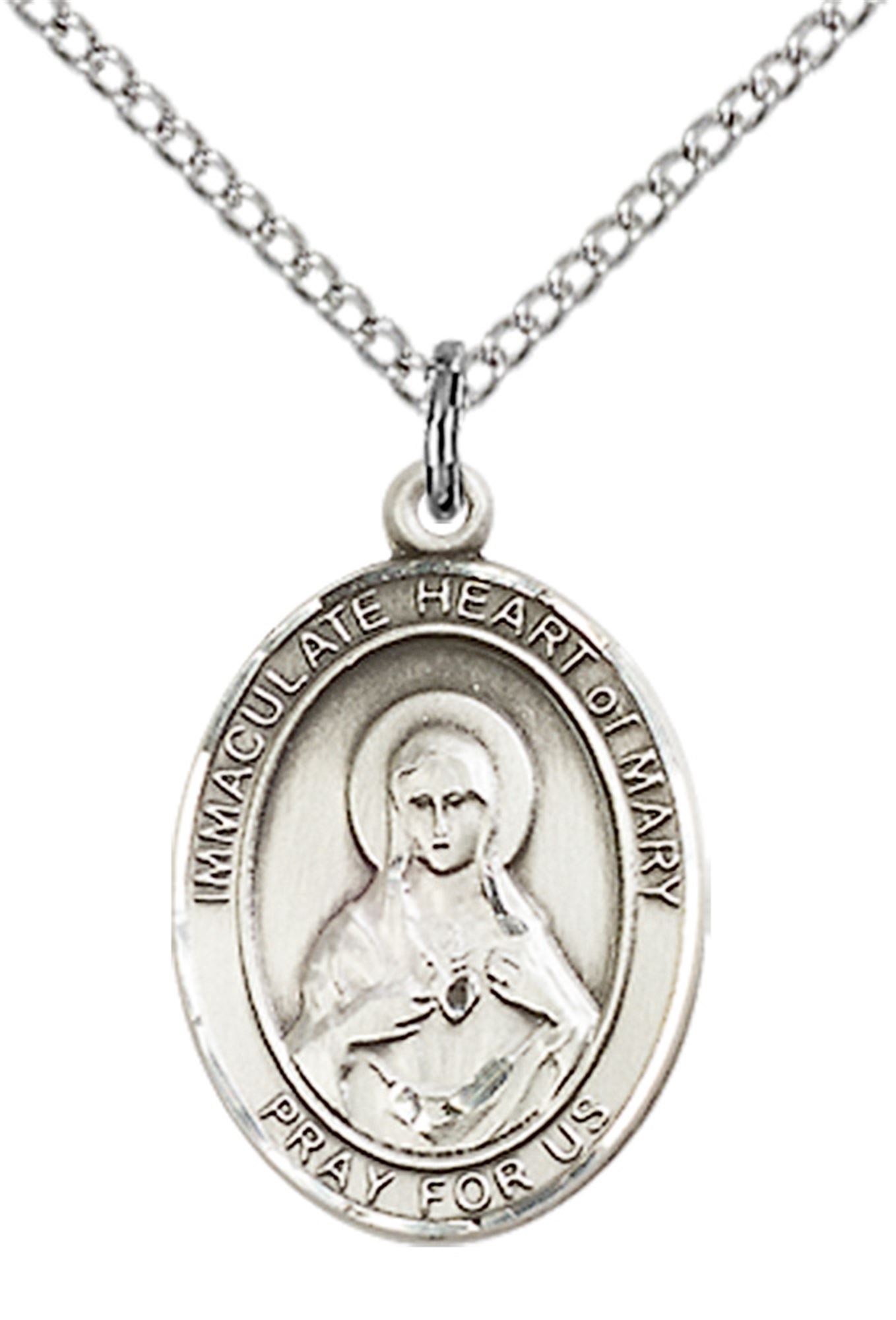 STERLING SILVER IMMACULATE HEART OF MARY PENDANT WITH CHAIN 3/4" x 1/