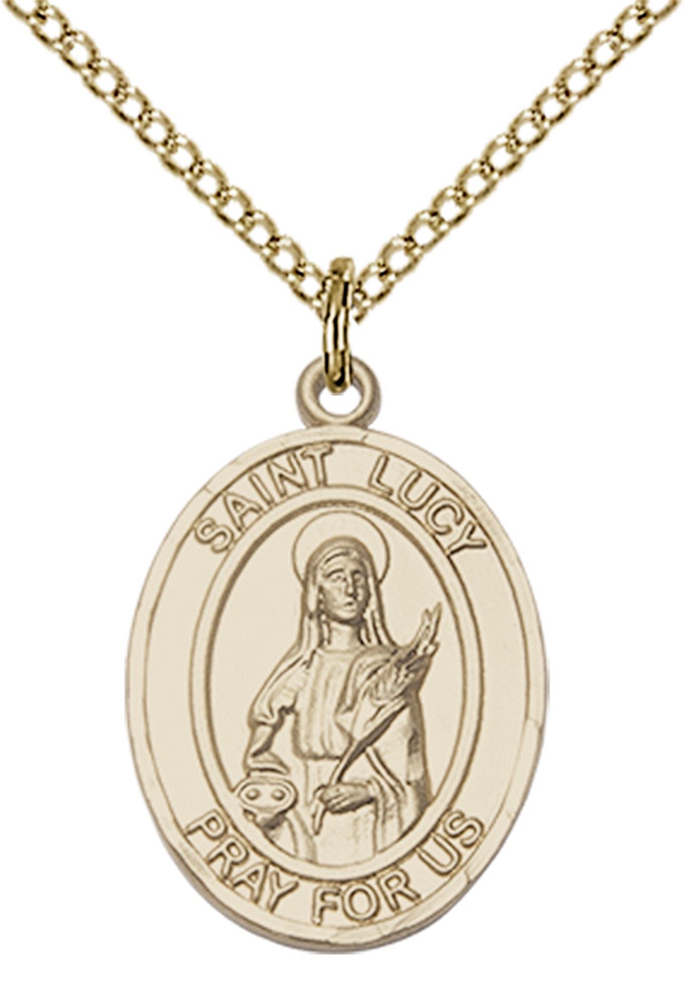 14KT GOLD FILLED ST LUCY PENDANT WITH CHAIN 3/4" x 1/2" EWTN