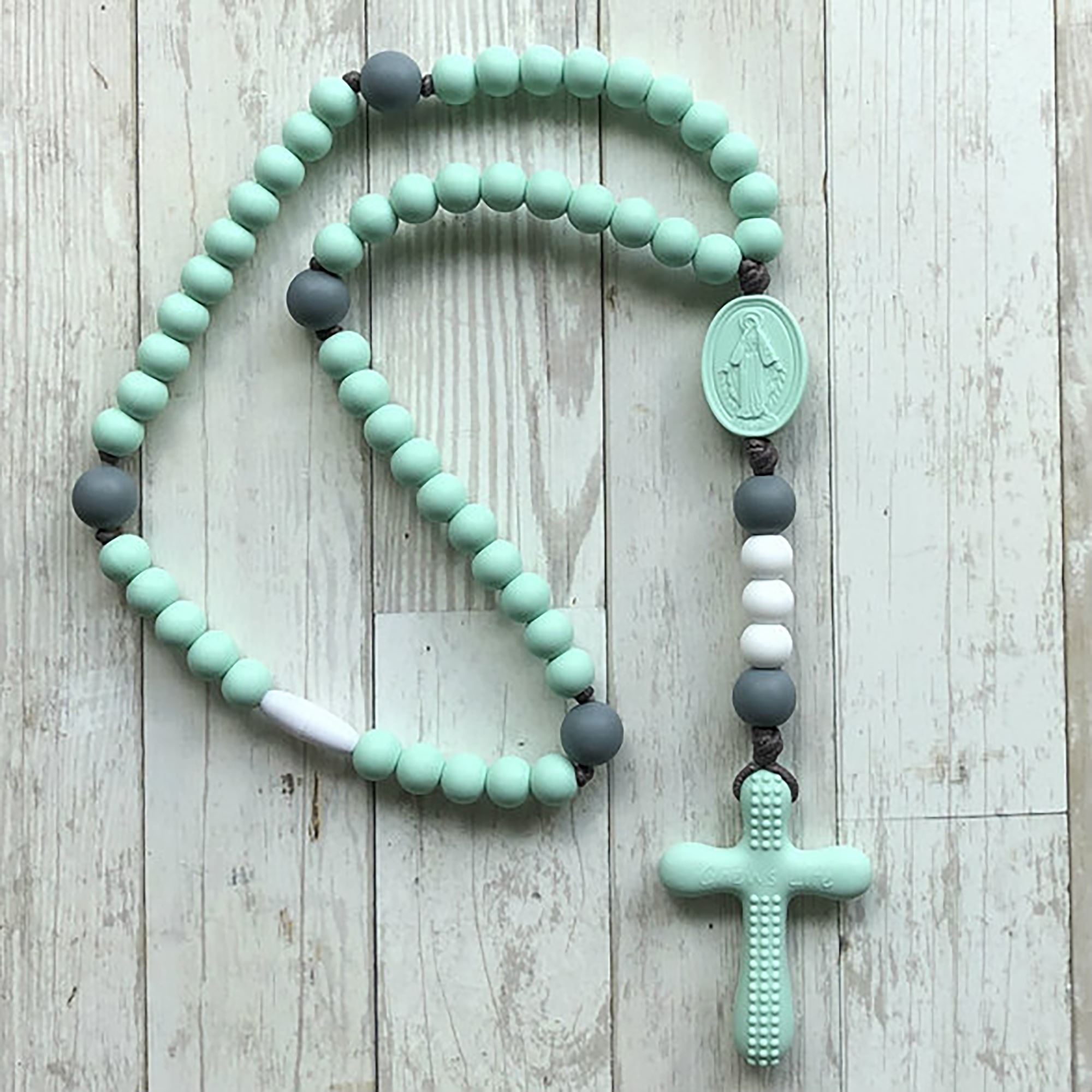 MINT GREEN AND GREY SOFT BABY ROSARY EWTN Religious Catalogue