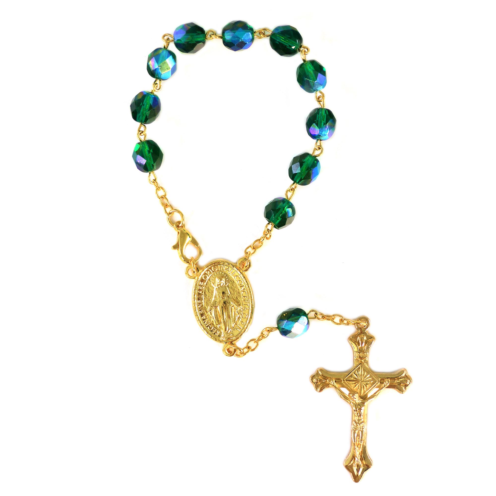 SINGLE DECADE ROSARY GOLD WITH EMERALD GREEN BEADS EWTN Religious