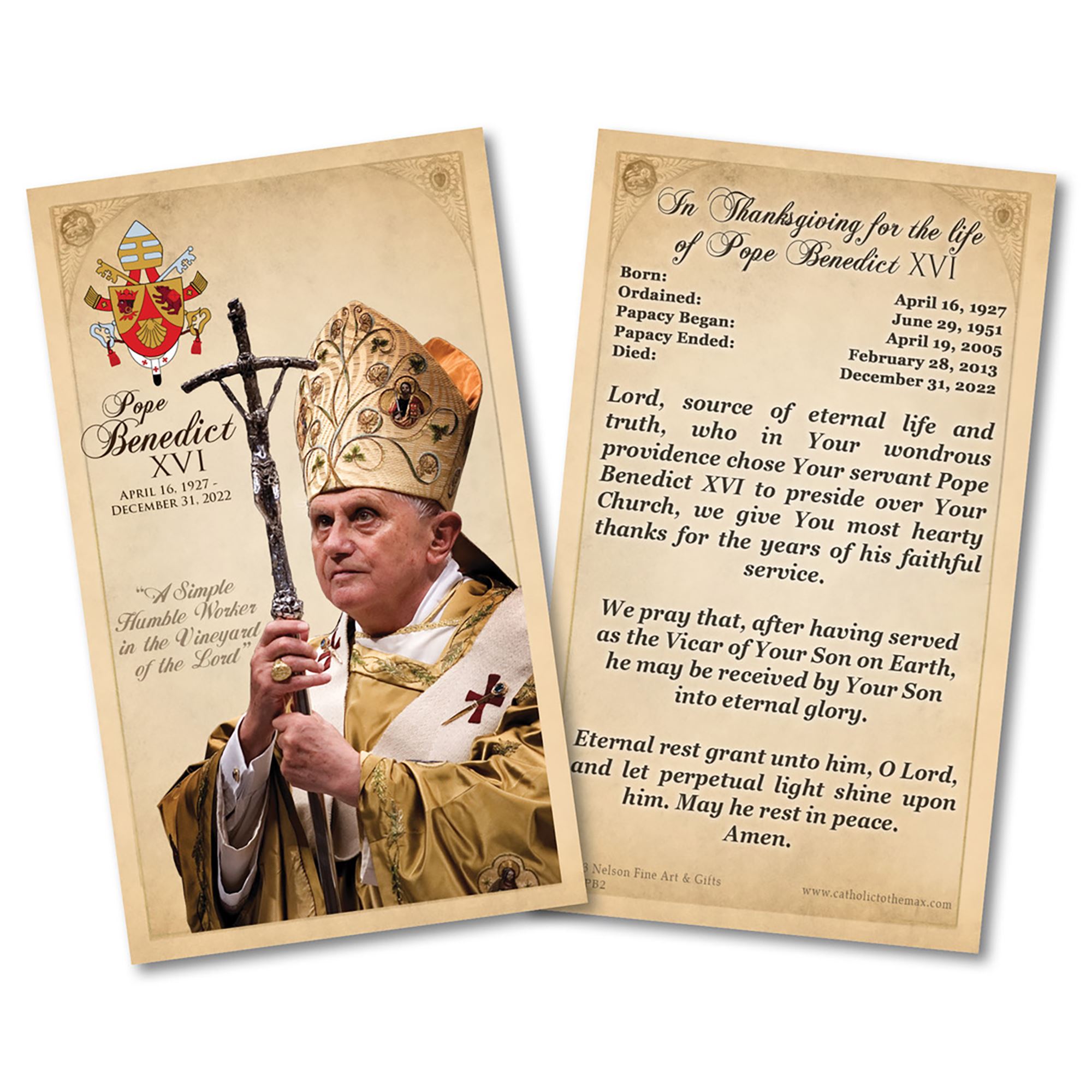 POPE BENEDICT XVI COMMEMORATIVE LAMINATED HOLY CARD EWTN Religious