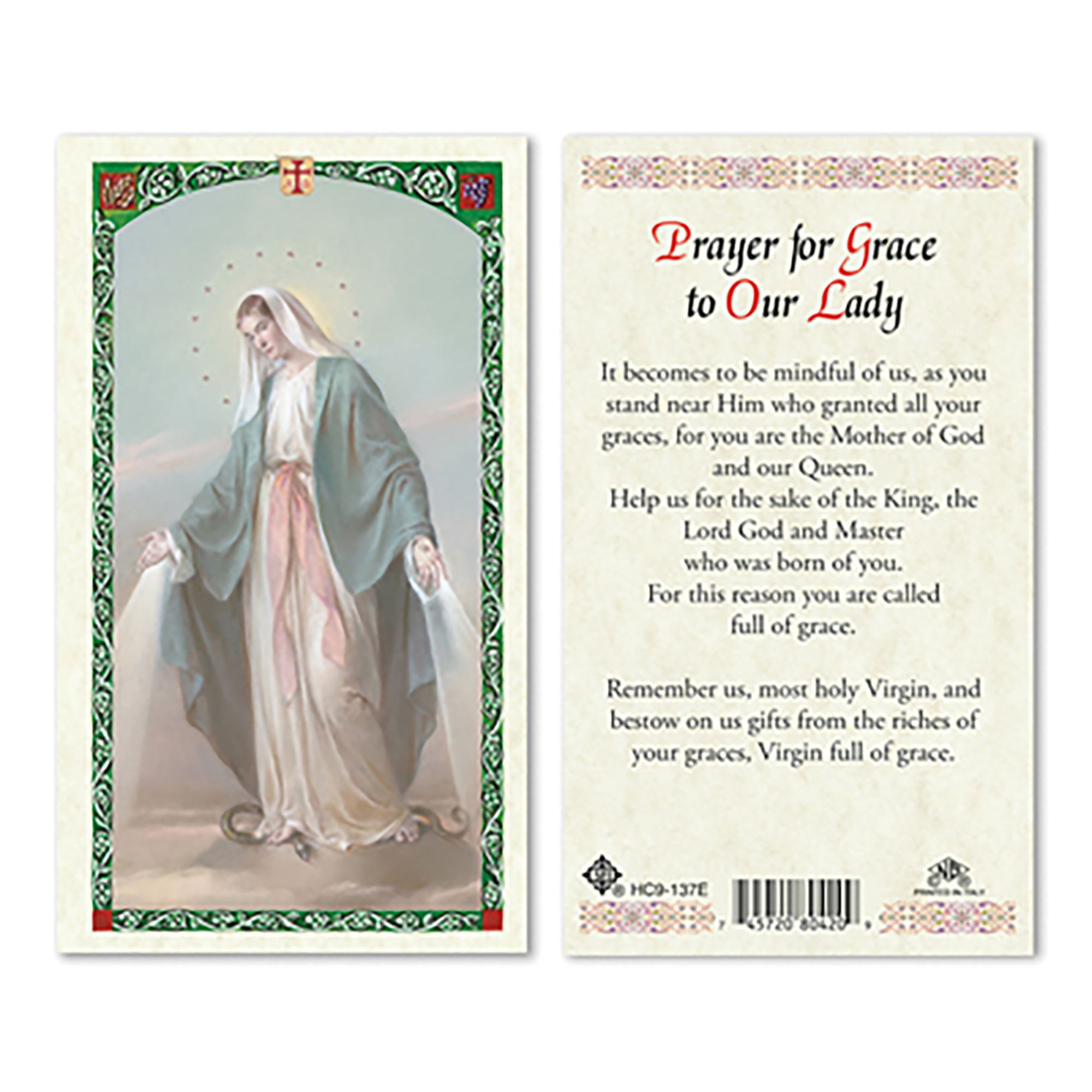 LAMINATED HOLY CARD OUR LADY OF GRACE EWTN Religious Catalogue