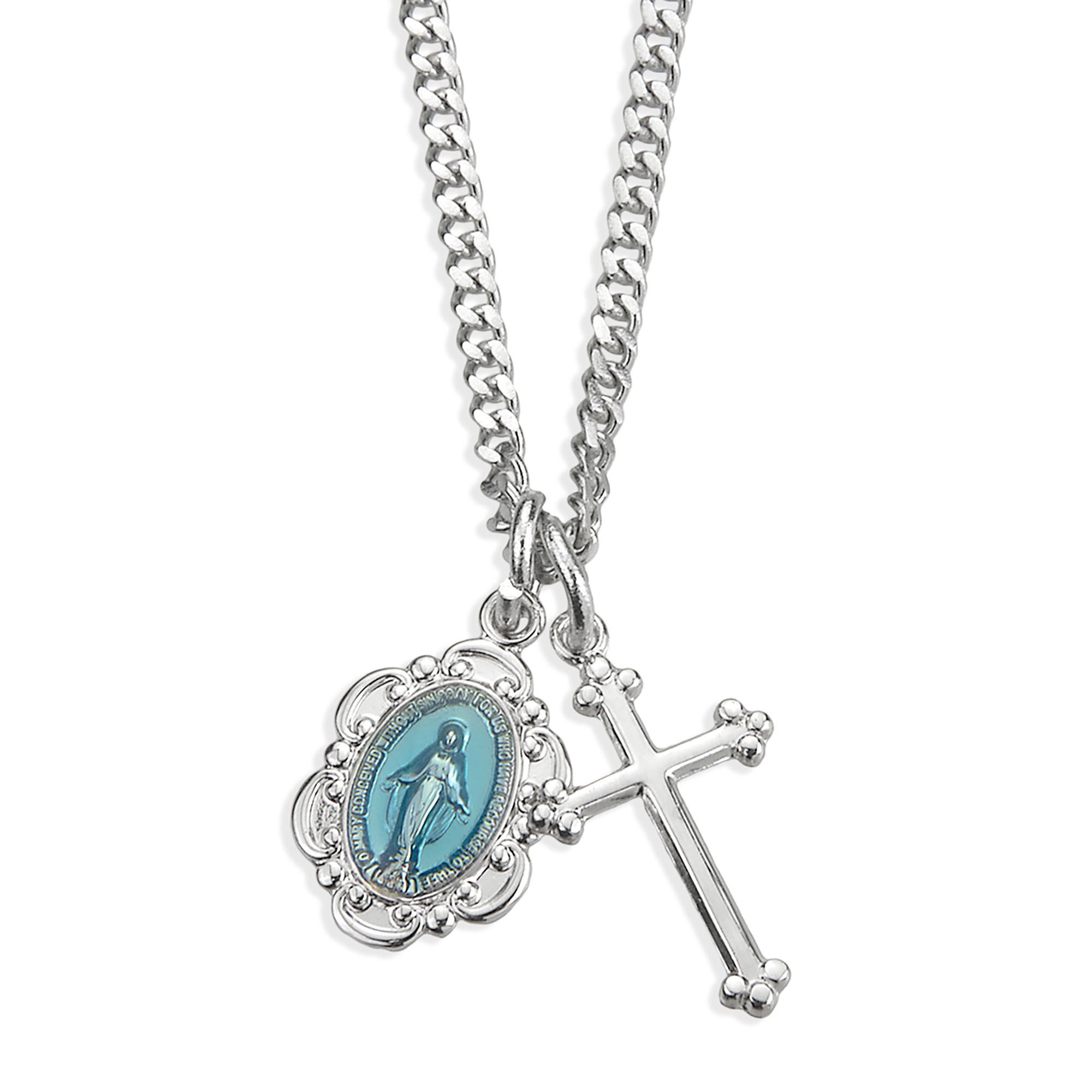 STERLING SILVER BLUE ENAMELED MIRACULOUS MEDAL AND CROSS DUAL