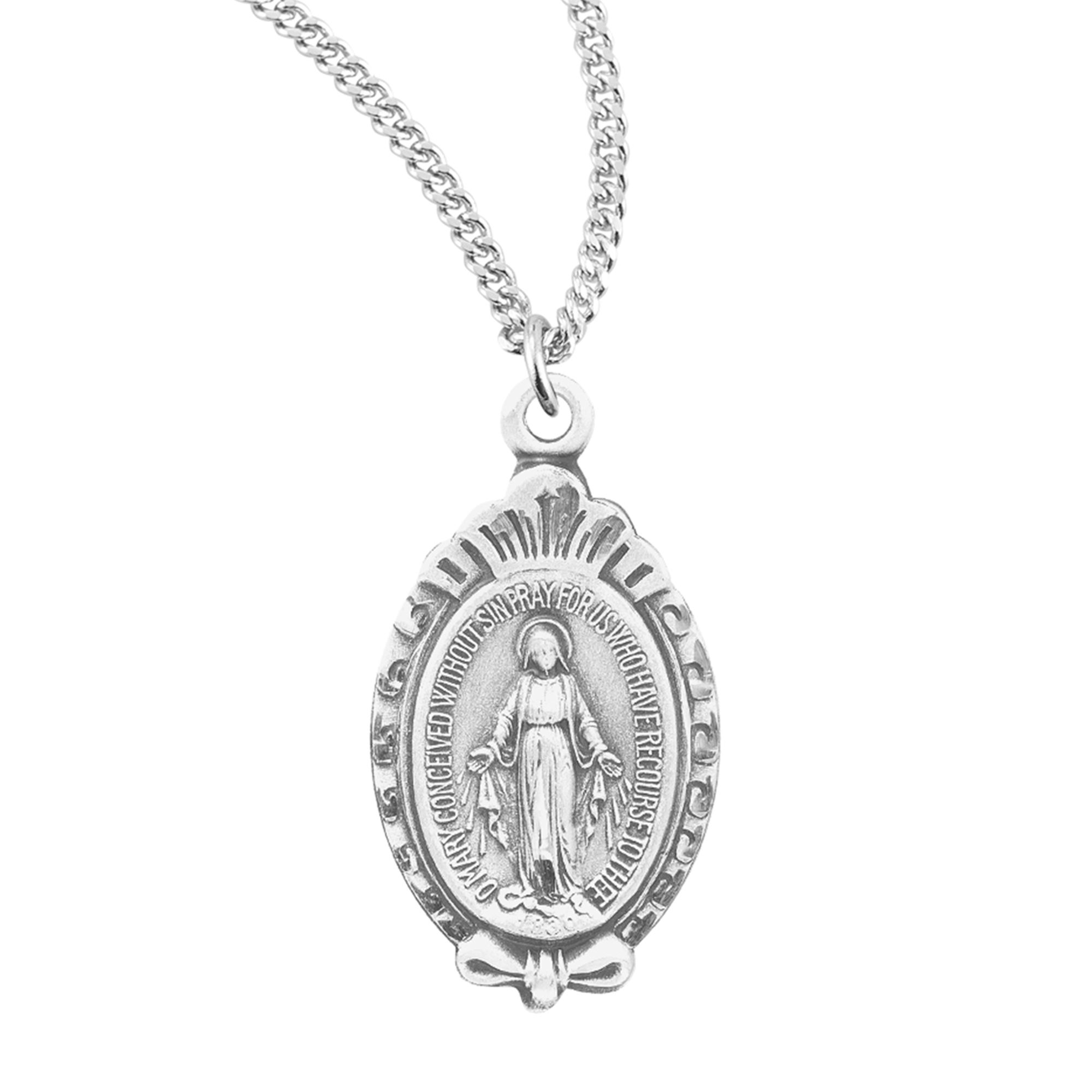Sterling Silver Miraculous Medal with a Scroll Border on 18" Chain