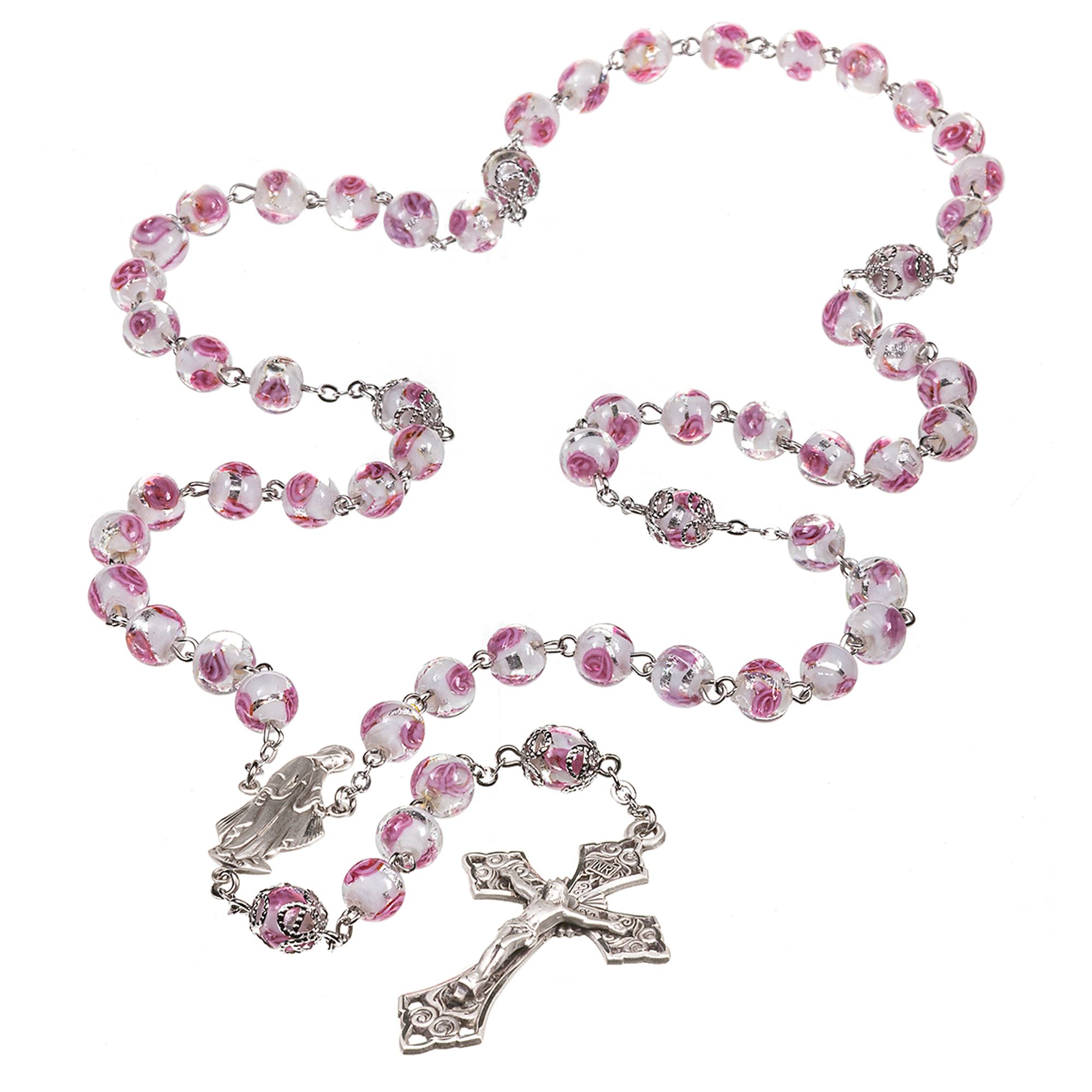 Pink Flower Glass Sterling Rosary EWTN Religious Catalogue
