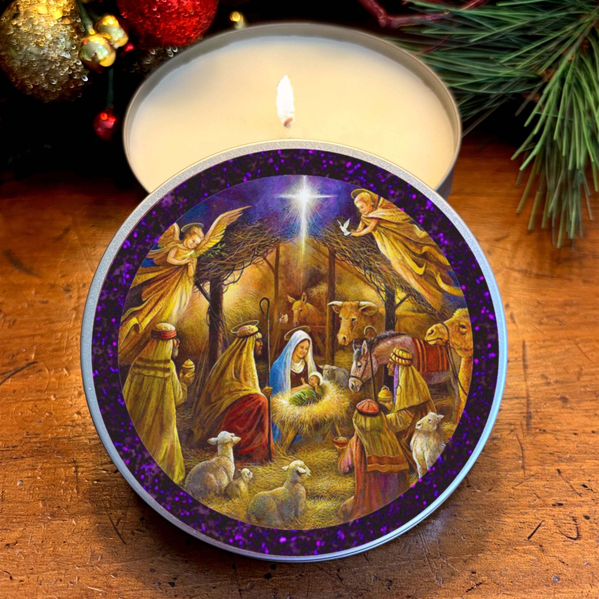 NATIVITY (WINTER WONDERLAND) BIBLICAL OIL CANDLE TIN EWTN Religious