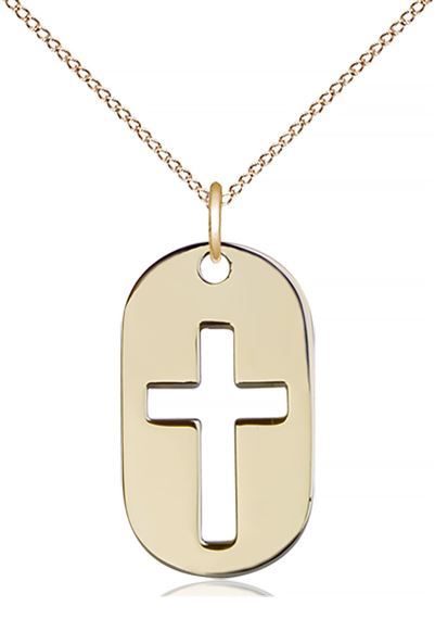 14KT GOLD FILLED CROSS DOG TAG PENDANT WITH CHAIN - 7/8" x 1/2"