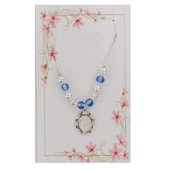 BLUE AND PEARL MIRACULOUS MEDAL NECKLACE