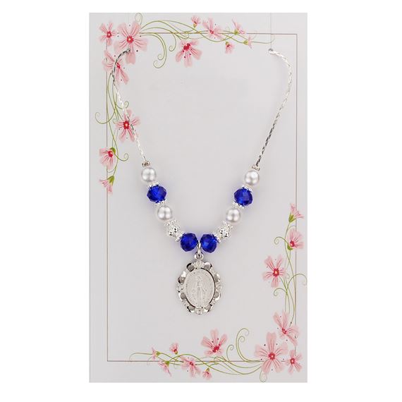 DARK BLUE AND PEARL MIRACULOUS MEDAL NECKLACE