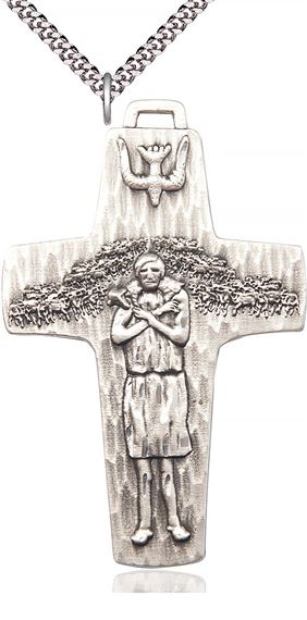 STERLING SILVER PAPAL CRUCIFIX PENDANT WITH CHAIN - 2 5/8" x 1 5/8"