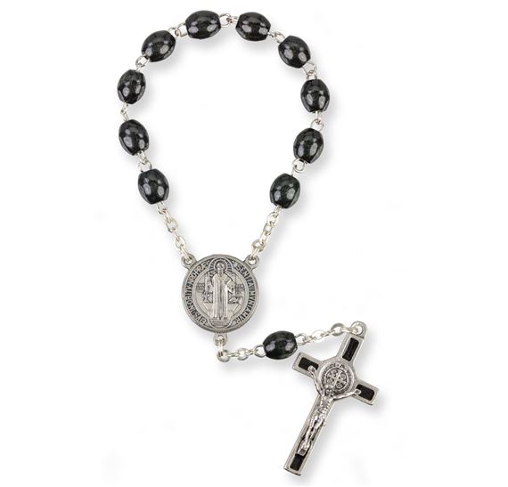 ST. BENEDICT SINGLE DECADE AUTO ROSARY - BLACK WOOD BEAD
