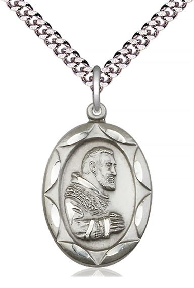 STERLING SILVER ST PIO OF PIETRELCINA PENDANT WITH CHAIN - 1" x 5/8"