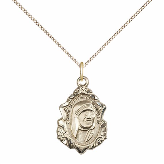 14KT GOLD FILLED SAINT TERESA OF CALCUTTA PENDANT WITH CHAIN - 3/4" x 1/2"