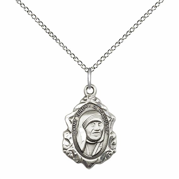 STERLING SILVER SAINT TERESA OF CALCUTTA PENDANT WITH CHAIN - 3/4" x 1/2"