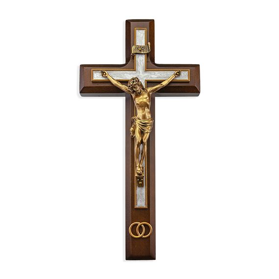 WALNUT WEDDING CRUCIFIX WITH ANTIQUED GOLD AND ENAMEL