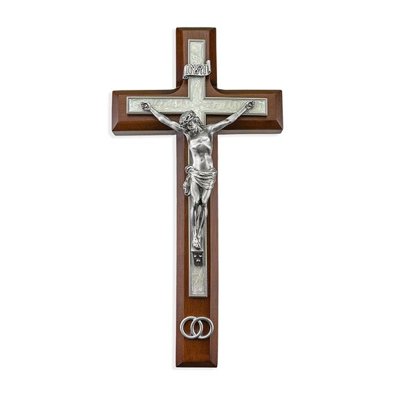 WALNUT WEDDING CRUCIFIX WITH GENUINE PEWTER AND ENAMEL