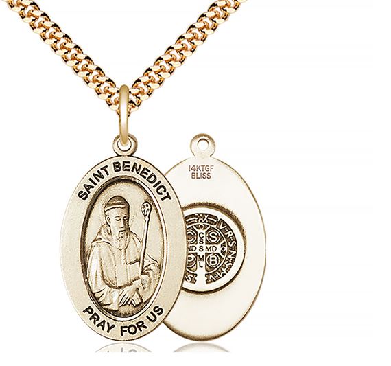 14KT GOLD FILLED ST BENEDICT PENDANT WITH CHAIN - 1" x 5/8"