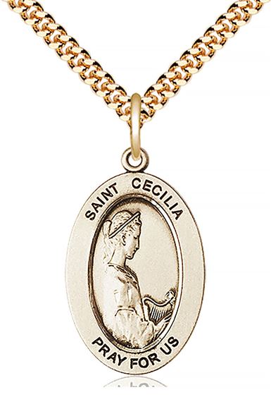 14KT GOLD FILLED ST CECILIA PENDANT WITH CHAIN - 1" x 5/8"