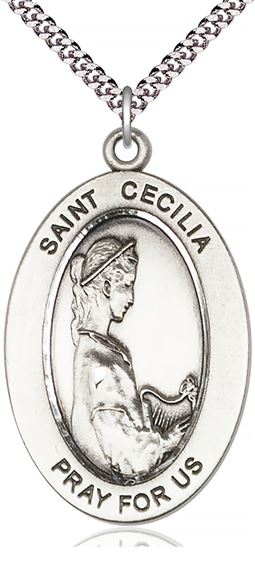 STERLING SILVER ST CECILIA PENDANT WITH CHAIN - 1" x 5/8"