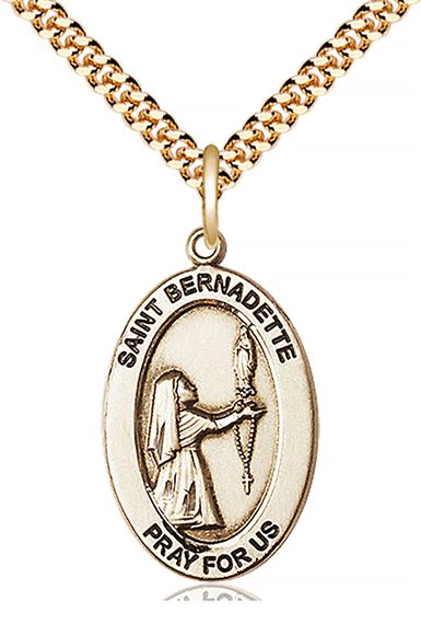 14KT GOLD FILLED ST BERNADETTE PENDANT WITH CHAIN - 1" x 5/8"