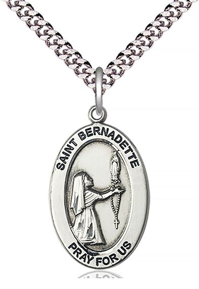 STERLING SILVER ST BERNADETTE PENDANT WITH CHAIN - 1" x 5/8"