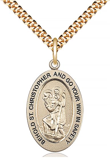 14KT GOLD FILLED ST CHRISTOPHER PENDANT WITH CHAIN - 1" x 5/8"
