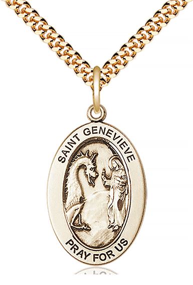 14KT GOLD FILLED ST GENEVIEVE PENDANT WITH CHAIN - 1" x 5/8"