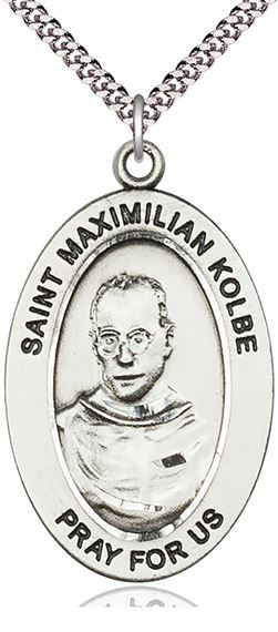 STERLING SILVER ST MAXIMILIAN KOLBE PENDANT WITH CHAIN - 1" x 5/8"