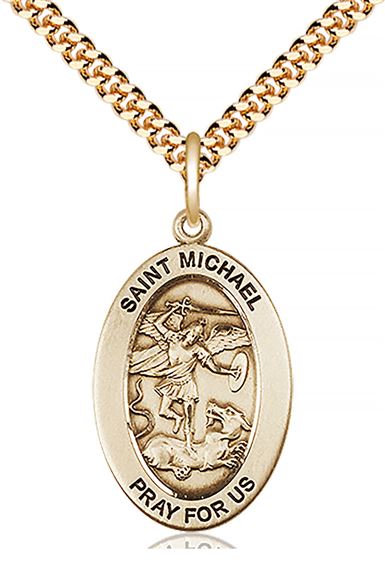 14KT GOLD FILLED ST MICHAEL THE ARCHANGEL PENDANT WITH CHAIN - 1" x 5/8"