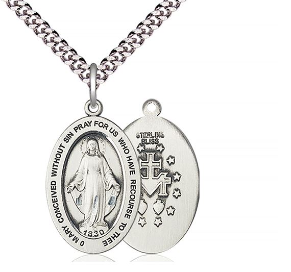 STERLING SILVER MIRACULOUS PENDANT WITH CHAIN - 1" x 5/8"