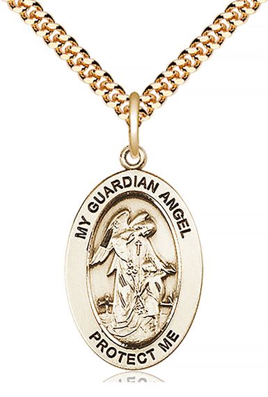 14KT GOLD FILLED GUARDIAN ANGEL W-CHILD PENDANT WITH CHAIN - 1" x 5/8"